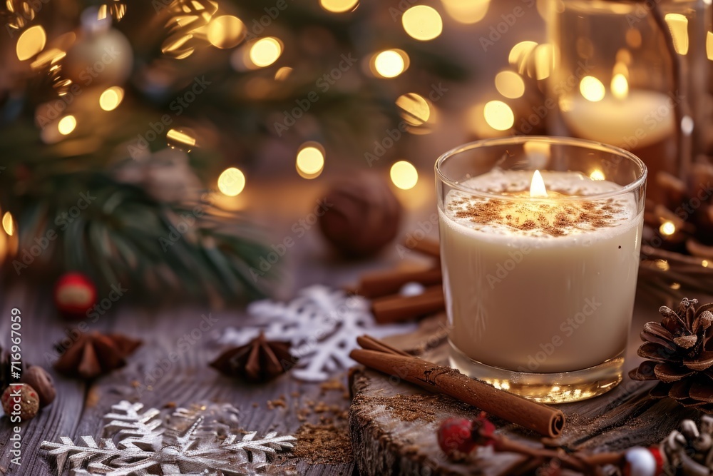 Poster a simple and refreshing image of a glass of milk sitting on top of a wooden table. perfect for illus