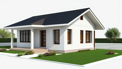 Fototapeta premium Modern minimalist house with white facade and dark roof, contemporary suburban bungalow architecture, small family home with green lawn