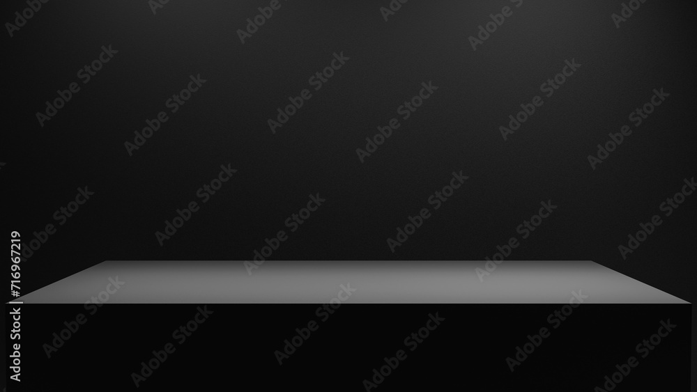 Poster Blank black table platform with bright spotlight isolated on black wall, empty table - place for product placement and text and design, empty place table stage podium hight quality