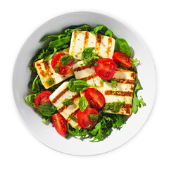 Grilled Halloumi Cheese with Cheery Tomatoes and Pesto, Ketogenic Paleo Diet Lunch on White Background