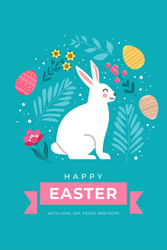 Banner postcard for Easter holiday with a hare and spring flowers around painted multi-colored eggs. Flat doodle style. Vector illustration.