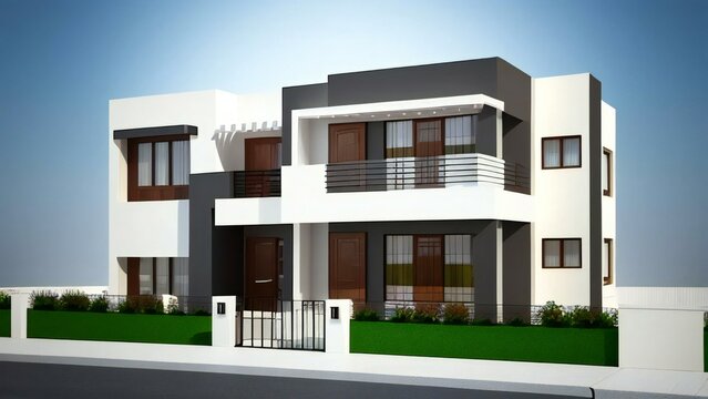 Cozy 3D rendering of a small house with a white picket fence. Concept for real estate or property.