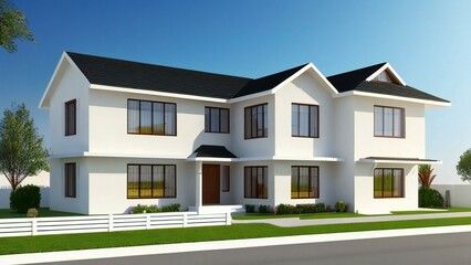 Cozy 3D rendering of a small house with a white picket fence. Concept for real estate or property.