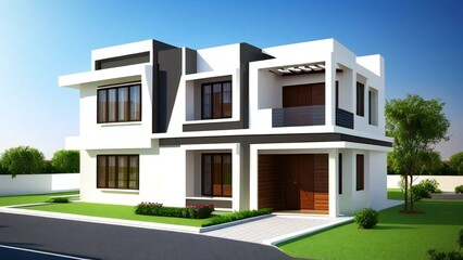 Fototapeta na wymiar Stylish and compact 3D rendering of a contemporary home design. Concept for real estate or property.