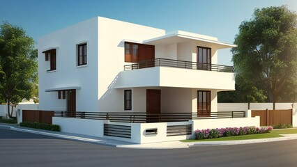 Fototapeta na wymiar Stylish and compact 3D rendering of a contemporary home design. Concept for real estate or property.