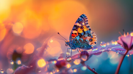 Macro shot of a butterfly, in bright colors with water drops, extreme close-up