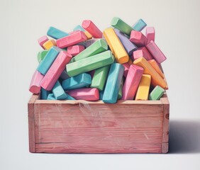 Colourful Chalks in box cutout minimal isolated on white background. Realistic kids chalk, icon, detailed. Children Artwork for brochure, kids, package, sticker, patch