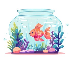 Aquarium with Cartoon Goldfish character. Fish tank funny cartoon cute gold fish on white for greeting card, postcard, brochure, phone case, kids, package, sticker