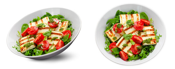 Grilled Halloumi Cheese with Cheery Tomatoes and Pesto, Ketogenic Paleo Diet Lunch on White...
