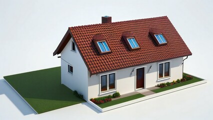 Minimalistic 3D model of a house in white, set on a neutral gray background. Concept for real estate or property.