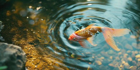 A gold fish gracefully swimming in a peaceful water pond. Ideal for nature-themed designs and aquatic concepts