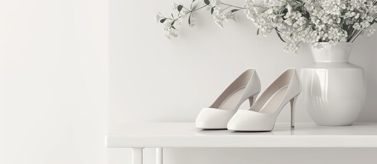 White table in studio with isolated flat shoe for women.