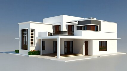 White architectural model of a house complemented by a gray backdrop. Concept for real estate or property.