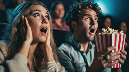 Obraz na płótnie Canvas Young man and woman looking shocked and excited while watching a movie in a cinema, holding a box of popcorn.