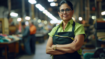 Confident middle-aged woman with arms crossed, wearing a sleeveless green shirt and black apron. - obrazy, fototapety, plakaty