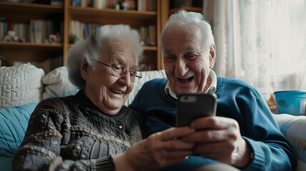 Happy smiling old pensioner couple holding a smartphone mobile phone sitting on the sofa at home, communication technology concept