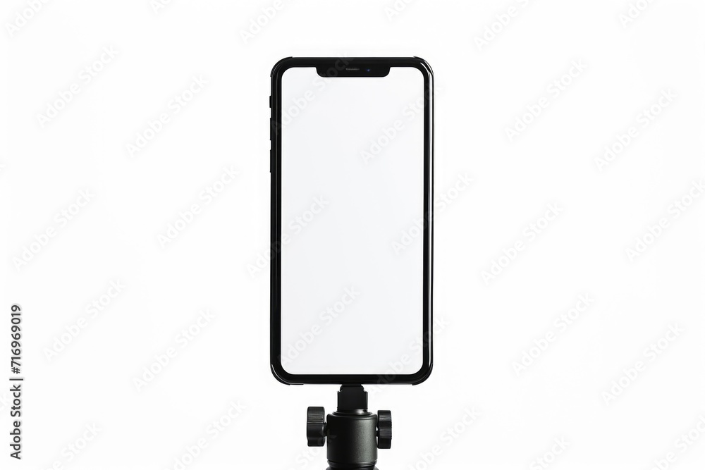 Poster cell phone mounted on a tripod with a white screen. can be used for various purposes