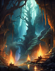 scary cave with torches. gothic album cover or book cover, gothic t-shirt design print artwork.