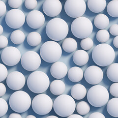White Spheres in different sizes with a rough surface on a blue plane. Seamlessly tileable image.