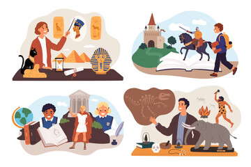 Obraz premium History lesson. Teachers talk about ancient civilizations, Egypt and Rome. Past knowledge elements and symbols, science education, paleontology and archeology, cartoon flat garish vector set