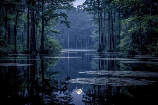 Moonlit Cypress Swamp: Reflected Light in Still Water.