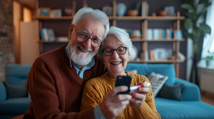 Happy smiling old pensioner couple holding a smartphone mobile phone sitting on the sofa at home, communication technology concept