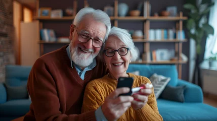Fotobehang Happy smiling old pensioner couple holding a smartphone mobile phone sitting on the sofa at home, communication technology concept © BeautyStock