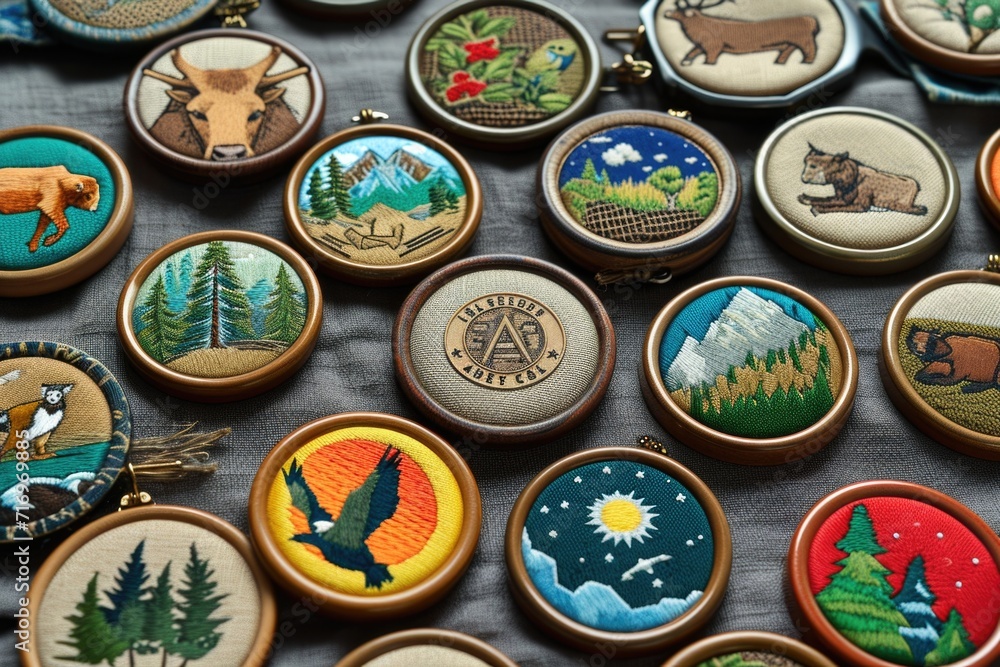 Poster various types of embroidery designs displayed on a table. suitable for craft enthusiasts and textile