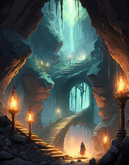 scary cave with torches. gothic album cover or book cover, gothic t-shirt design print artwork.