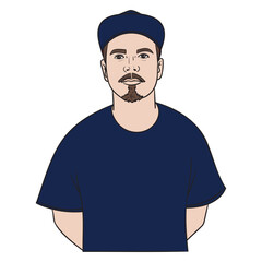 young man with beard and blue cap. comic illustration