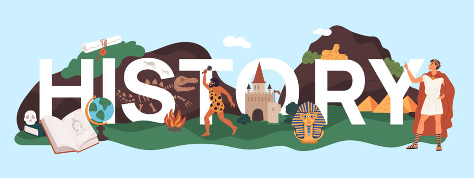 Historical site header. Online school class design, research, science education, ancient civilization culture. Huge letters. Educational poster cartoon flat isolated garish vector concept