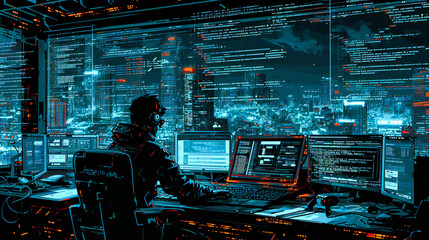 Cybersecurity in Action: Men Working on Computers in a Dark Room to Protect Digital Data