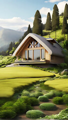 Small traditional Icelandic houses with grass roofs amongst mountains,Nature landscape with vegetation and hut style house Generative Ai