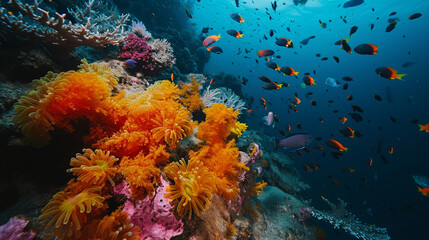 Fototapeta na wymiar An underwater research expedition featuring marine scientists exploring coral reefs and documenting marine life. The vibrant underwater colors and scientific exploration combine in