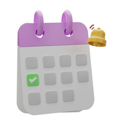 3d calendar with checkmark on a date, yellow bell alert, time management concept. 3d rendering