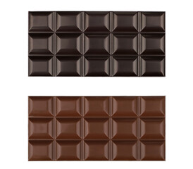 Set of milky and bitter chocolate bars, top view, isolated on transparent background, png isolated.