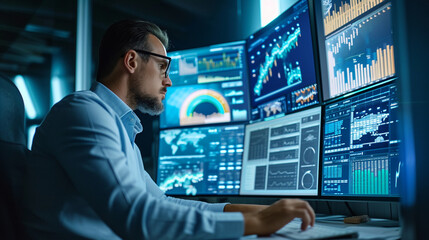 A scientist studying climate change data on a computer screen, surrounded by charts and graphs. The serious atmosphere and visual representation of data highlight the urgency of en