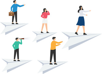 Business leadership, Team power to lead company to achieve target,  Team standing on leading flying paper, Pointing finger to the direction to reach goal
