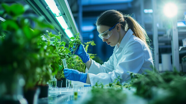 A biologist conducting experiments with genetically modified organisms in a controlled environment. The ethical considerations and visual representation of biotechnology are emphas