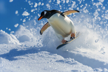 Generative Ai illustration of emperor penguin snowboarding