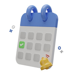3d calendar with checkmark on a date, yellow bell alert, time management concept. 3d rendering