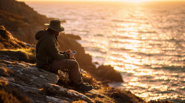Traveler is sitting on a rocky cliff, reading a book with a serene sunset over the sea in the background - Powered by Adobe