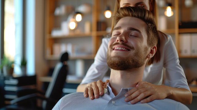 A man is pictured getting his hair cut by a woman. This image can be used to showcase a professional hair salon or to illustrate a grooming session