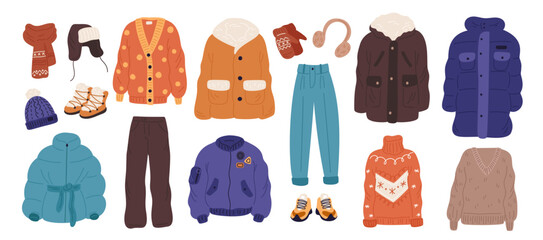 Naklejka premium Fashion winter clothes. Modern warm wear, casual style, down jackets, parkas and bombers, knitted sweaters, hats and scarves, jackets and boots. Cartoon flat isolated garish vector set