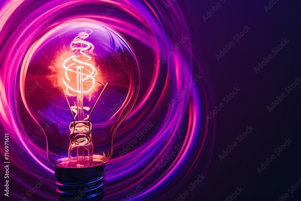 Poster a lightbulb on a purple background showing a circular light streak and the glowing light bulb genera