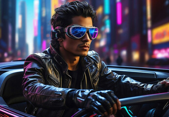 Man around the city, his black leather jacket flaps in the wind as augmented reality glasses scan the road ahead, projecting a holographic map into his view across the futuristic metropolis.