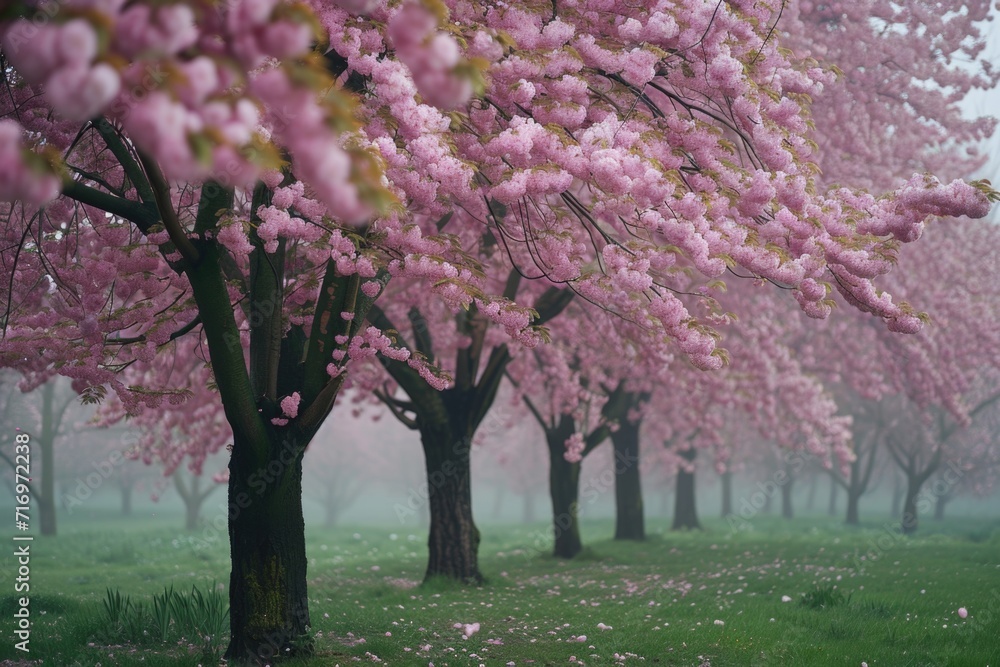 Poster a picturesque row of trees adorned with beautiful pink flowers. perfect for adding a touch of nature