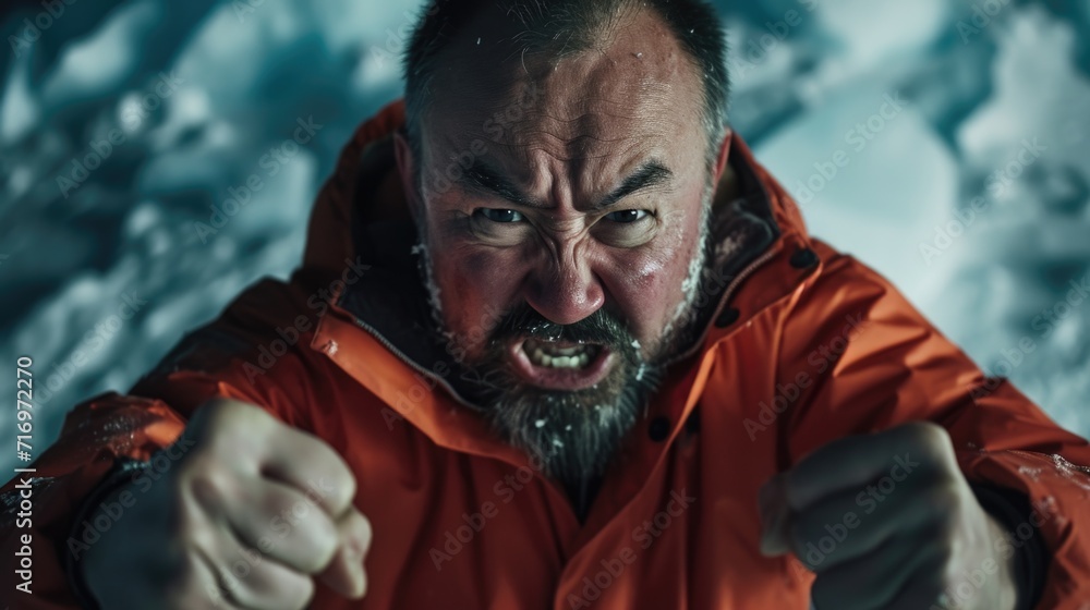 Poster a man in an orange jacket pointing directly at the camera. this image can be used to convey confiden