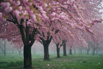 A picturesque row of trees adorned with beautiful pink flowers. Perfect for adding a touch of nature's beauty to any project