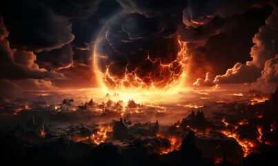 Apocalyptic vision of earth with explosive impact causing fiery destruction and clouds of smoke